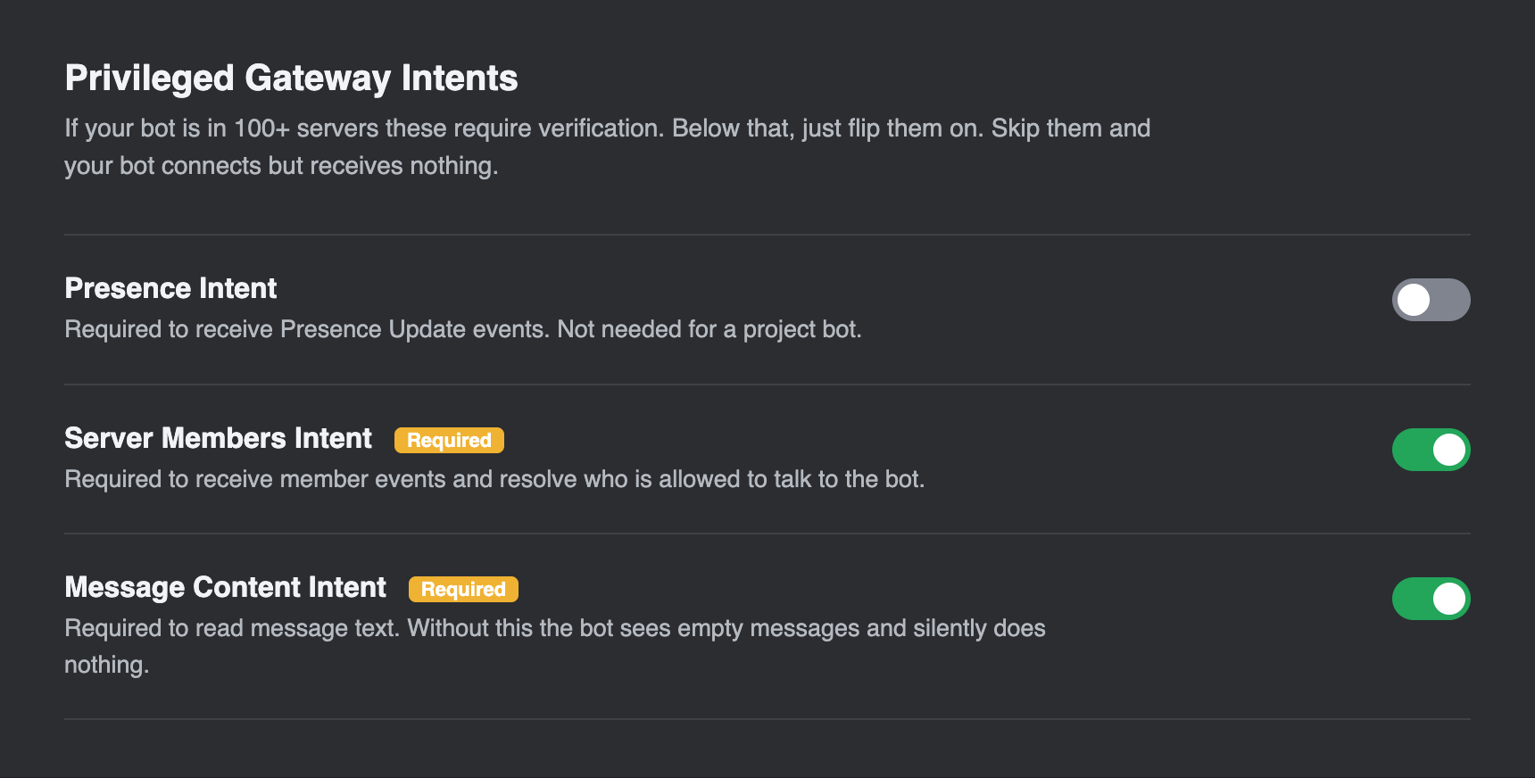 Discord Developer Portal Privileged Gateway Intents panel: Presence Intent off, Server Members Intent on, Message Content Intent on, with a note that skipping them lets the bot connect but receive nothing.