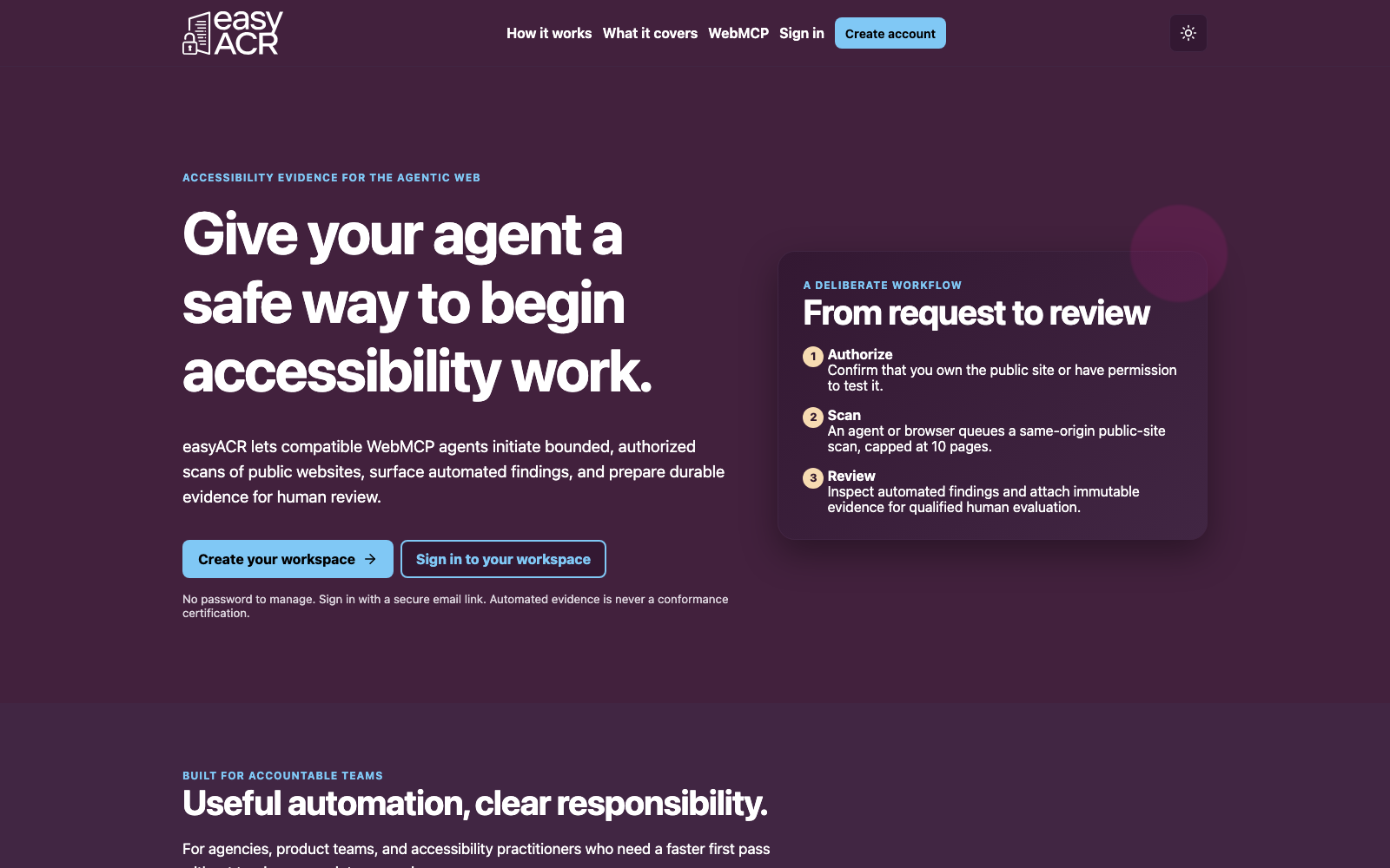 The easyACR landing page, describing a bounded three-step workflow: authorize, scan, review