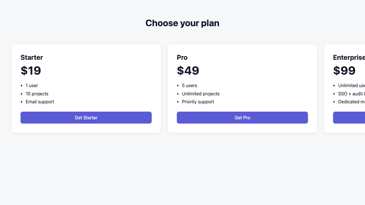A pricing page where the Enterprise card is clearly cut off at the right edge